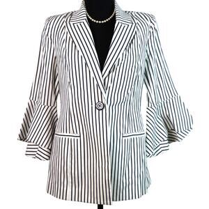 Cabi Navy Blue & White Pin Striped Blazer Jacket Women 4 Bell Sleeve Cotton